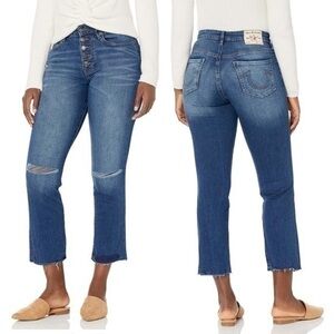 True Religion Starr Distressed High Rise Cropped Straight Raw Hem Jeans Size 31